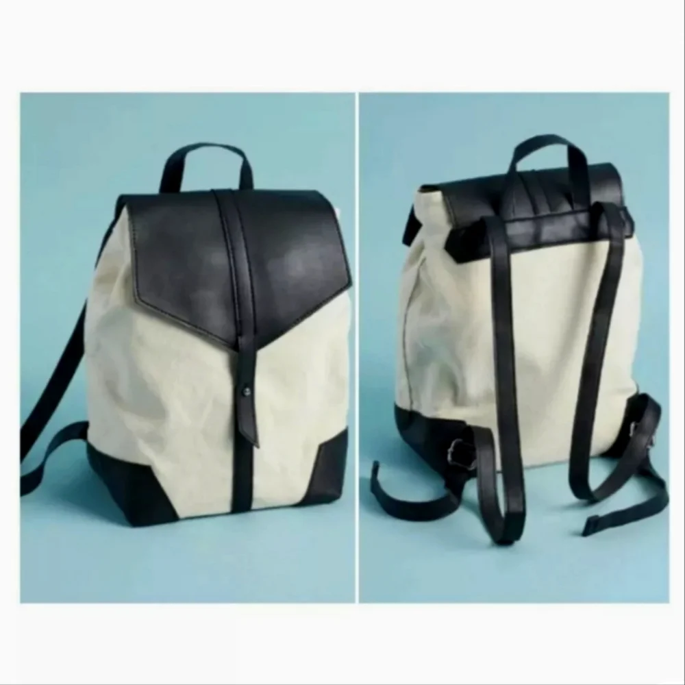 Deux Lux Black & Cream Demi Canvas and Vegan Leather Backpack w/Dust Bag - Picture 2 of 3